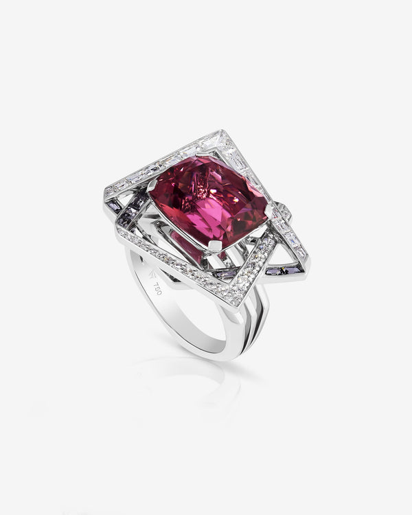 Vertigo Lost Horizon cocktail ring in 18 ct white gold with central rubellite, grey spinels and white diamonds — front view