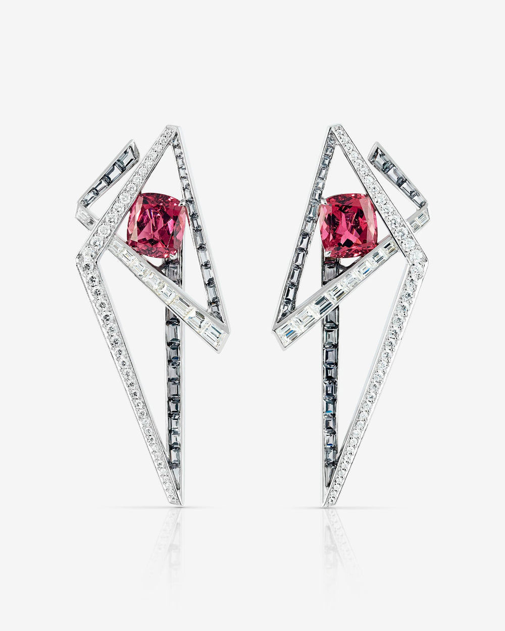 Vertigo Lost Horizon Rubellite Hoops in 18 ct white gold with rubellite, grey spinels and white diamonds — front view