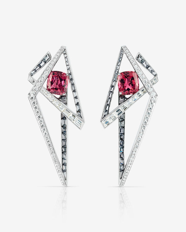 Vertigo Lost Horizon Rubellite Hoops in 18 ct white gold with rubellite, grey spinels and white diamonds — front view