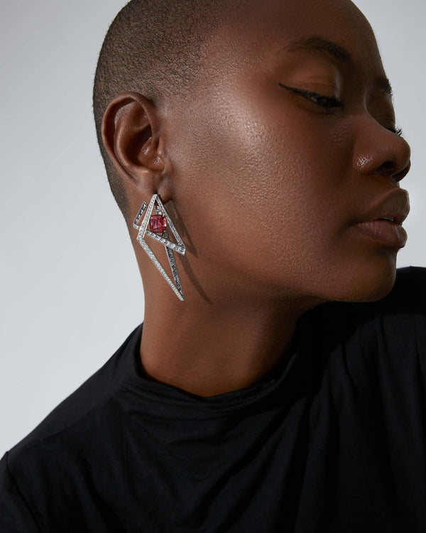 Model wearing Vertigo Lost Horizon Rubellite Hoops in white-gold with rubellite and diamonds