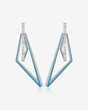Stephen Webster Vertigo Obtuse 18K White Gold Light Blue Enamel & Diamond Hoop Earrings Front View