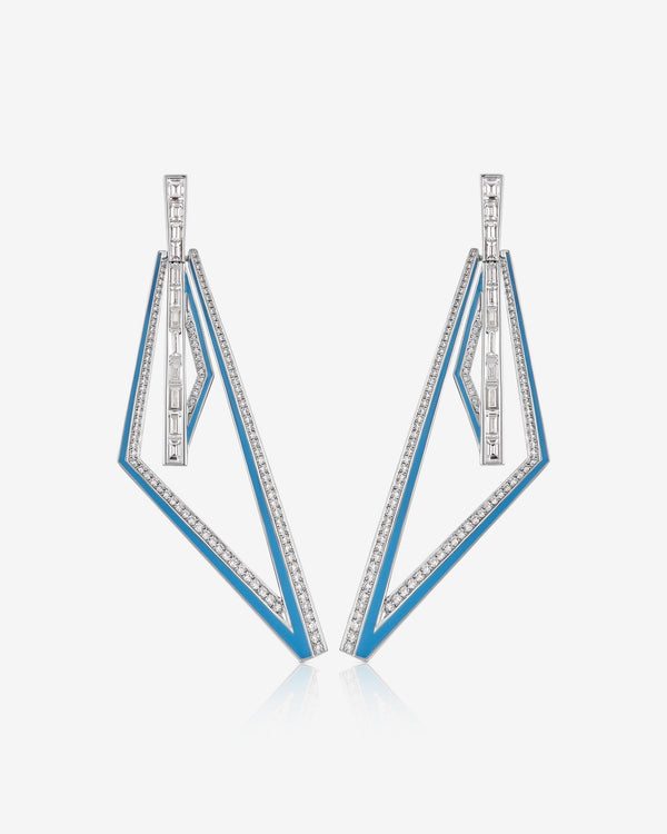 Stephen Webster Vertigo Obtuse 18K White Gold Light Blue Enamel & Diamond Hoop Earrings Front View