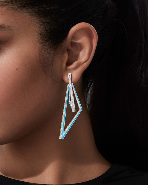 Stephen Webster Vertigo Obtuse 18K White Gold Light Blue Enamel & Diamond Hoops Worn on Model
