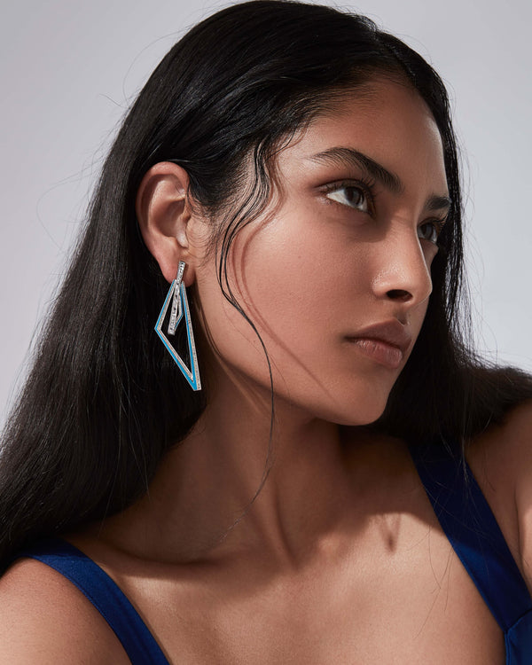 Stephen Webster Vertigo Obtuse 18K White Gold Light Blue Enamel & Diamond Hoops Worn on Model