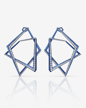 Stephen Webster Vertigo Titanium Rubix Hoops in blue titanium with white diamonds — front view