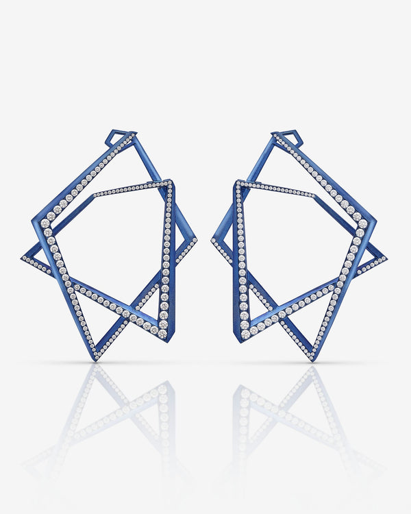Stephen Webster Vertigo Titanium Rubix Hoops in blue titanium with white diamonds — front view
