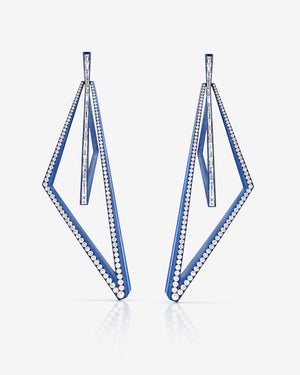 Vertigo Very Obtuse Hoops in blue titanium with white baguette and round diamonds — front view