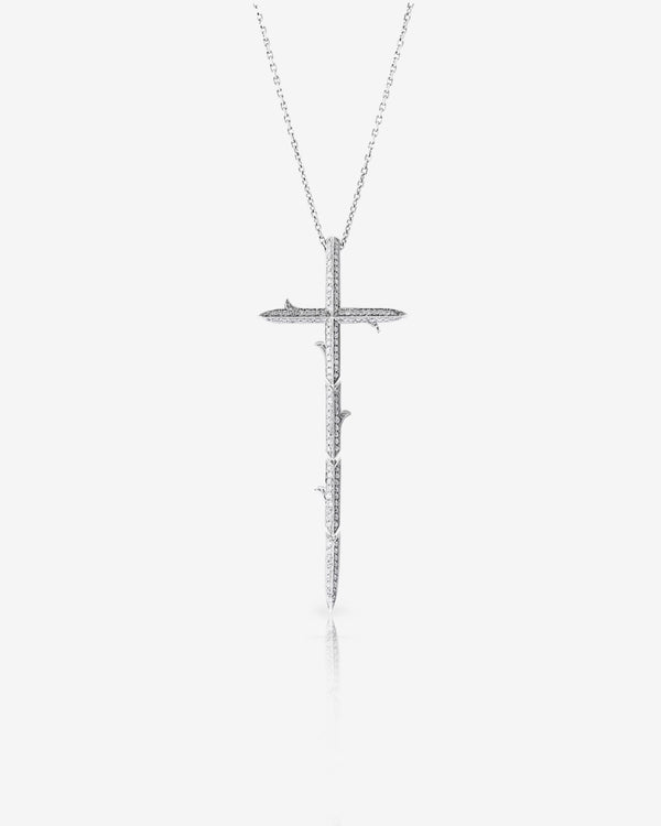 Very Cross white diamond pendant in 18ct white gold, front view, luxury women’s necklace