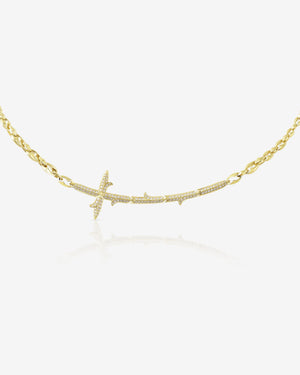 Very Cross yellow gold necklace in 18ct yellow gold with white diamond pavé, front view, luxury women’s necklace