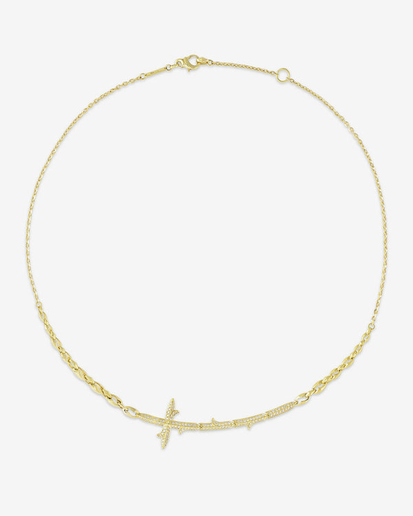 Very Cross yellow gold necklace in 18ct yellow gold with white diamond pavé, front view, luxury women’s necklace