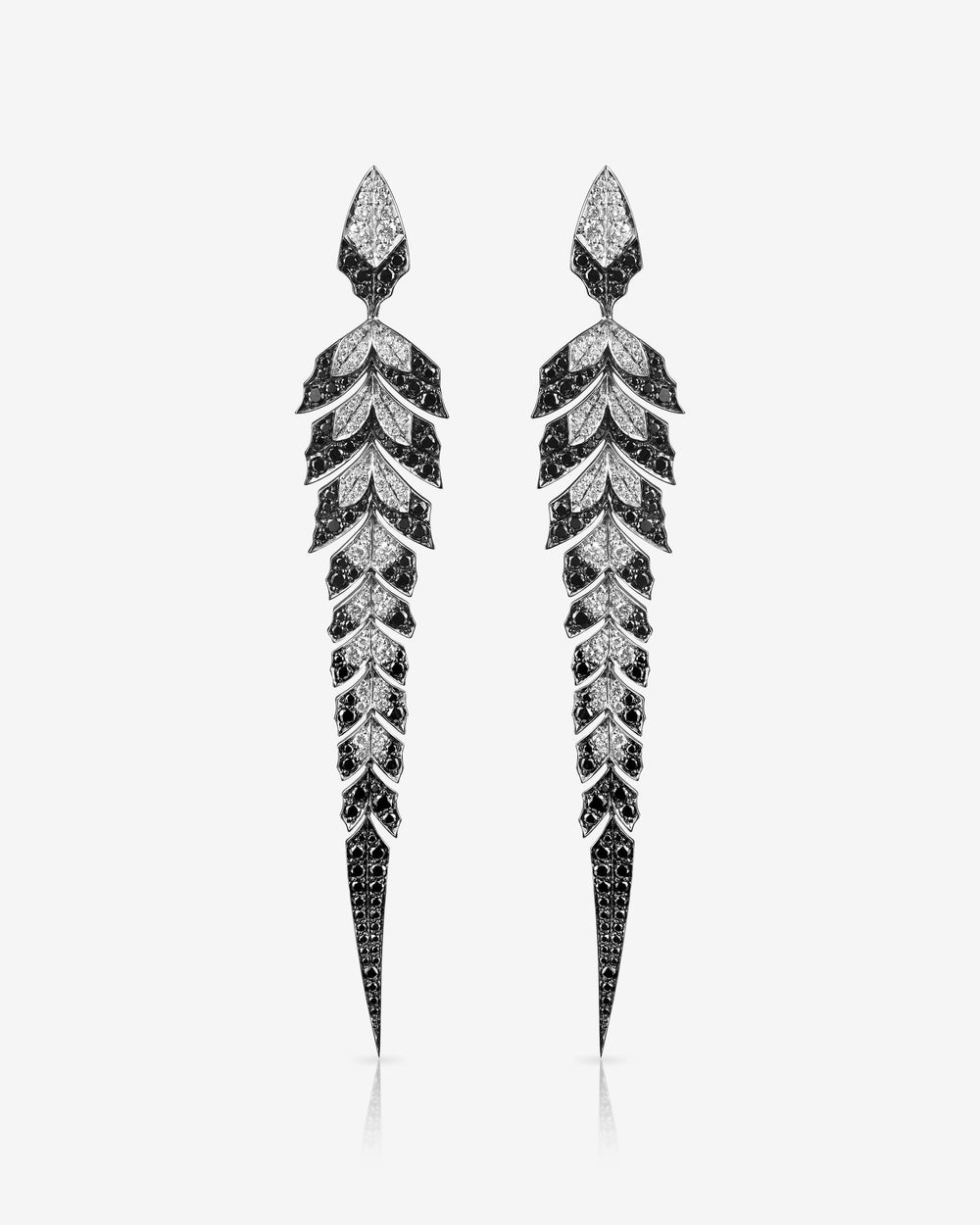 White and Black Diamond Pavé Tail Feather Long Drop Earrings in 18ct white gold — luxury feather jewellery