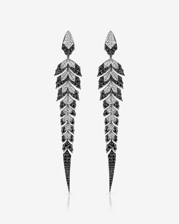 White and Black Diamond Pavé Tail Feather Long Drop Earrings in 18ct white gold — luxury feather jewellery