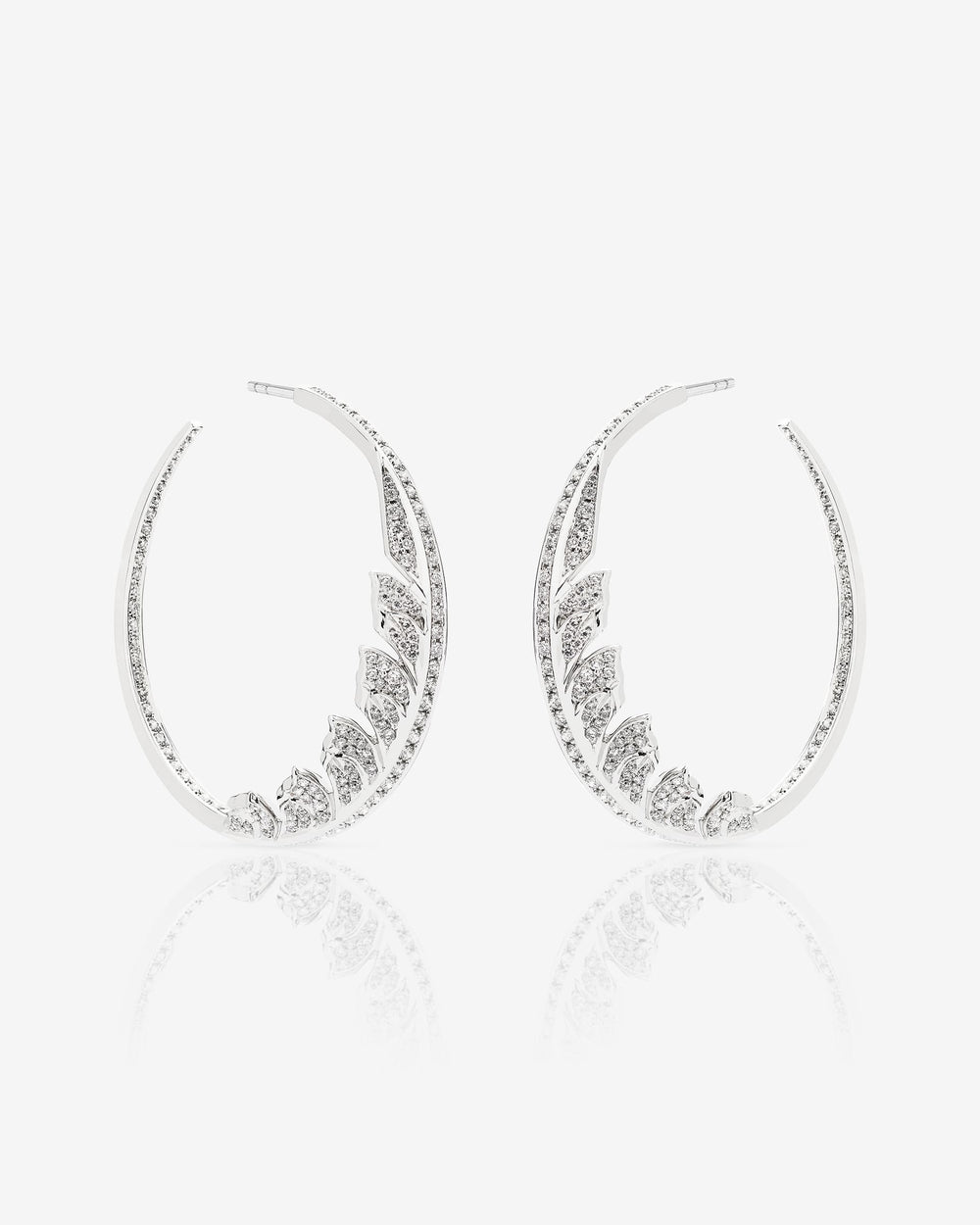 White Diamond Pavé Plume Hoop Earrings in 18ct white gold with feather-inspired diamond pavé design
