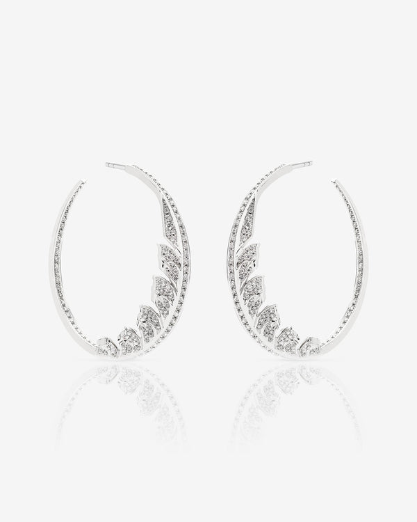 White Diamond Pavé Plume Hoop Earrings in 18ct white gold with feather-inspired diamond pavé design