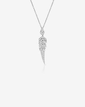 White Diamond Pavé Tail Feather Drop Pendant in 18ct white gold — luxury feather jewellery necklace with articulated feather design