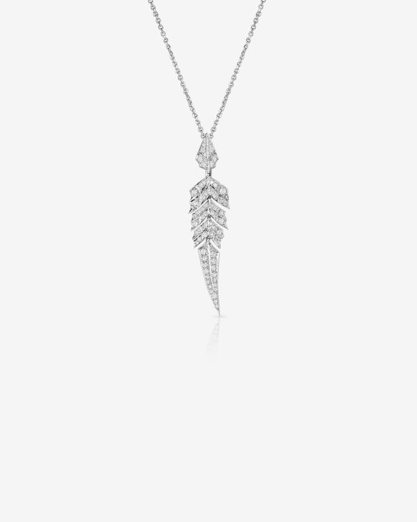 White Diamond Pavé Tail Feather Drop Pendant in 18ct white gold — luxury feather jewellery necklace with articulated feather design