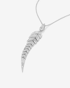 White Diamond Pavé Tail Feather Long Drop Pendant in 18ct white gold — luxury feather jewellery with articulated feather-inspired design - detail