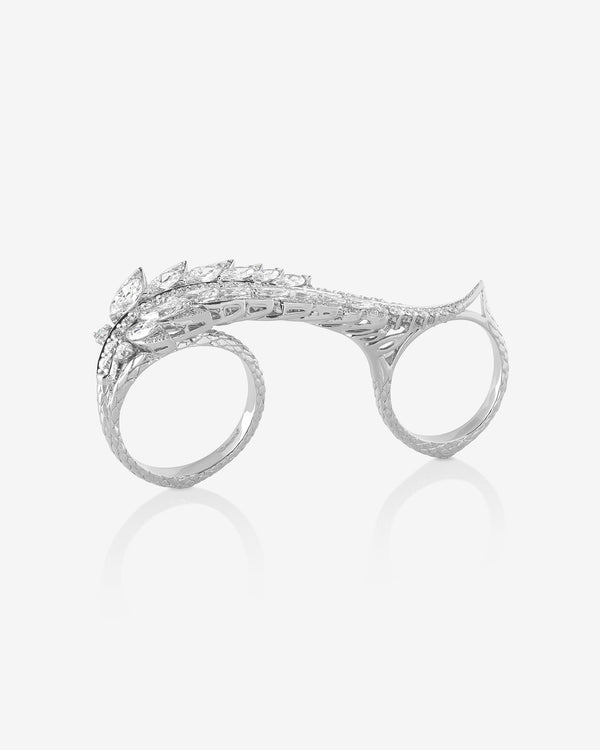 White Diamond Plumage Three Finger Ring in 18ct white gold with marquise-cut white diamonds and white diamond pavé - side view.