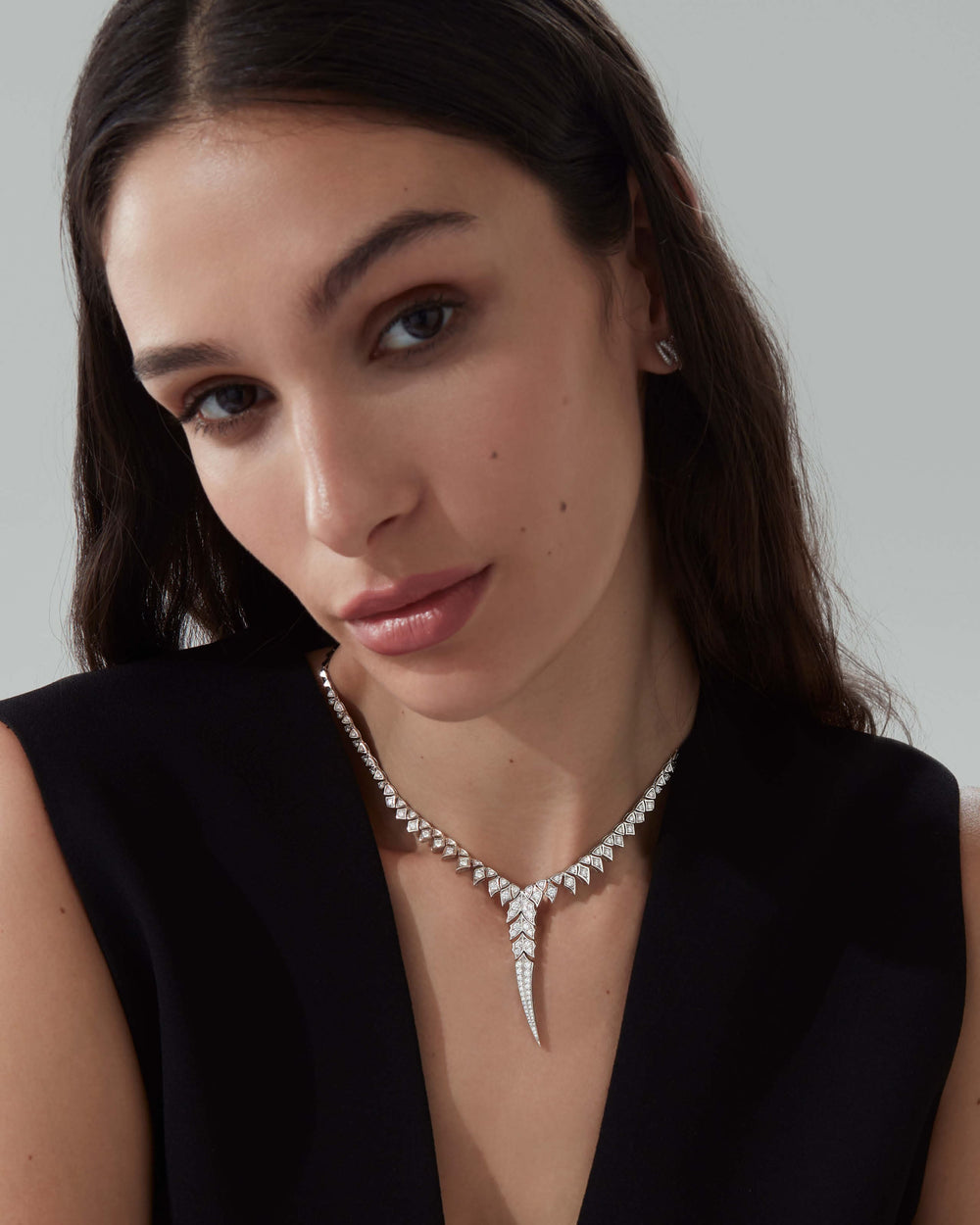 White Diamond Pavé Tail Feather Drop Necklace in 18ct white gold — luxury feather jewellery with diamond pavé