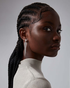 White Diamond Pavé Tail Feather Long Drop Earrings worn on ear showcasing feather-inspired fine jewellery design