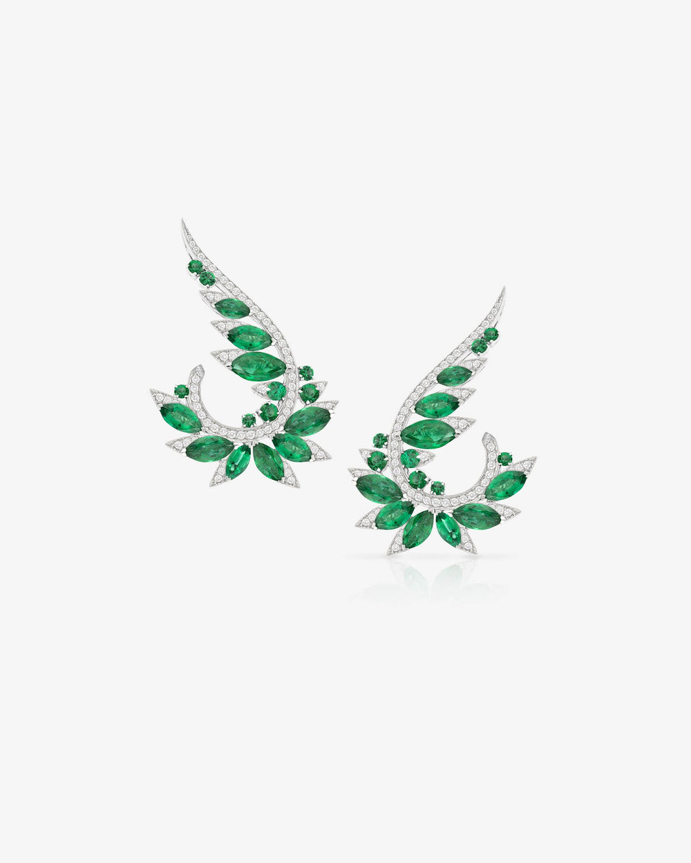 White Gold and Emerald Plumage Earrings in 18ct white gold with marquise emeralds and white diamond pavé