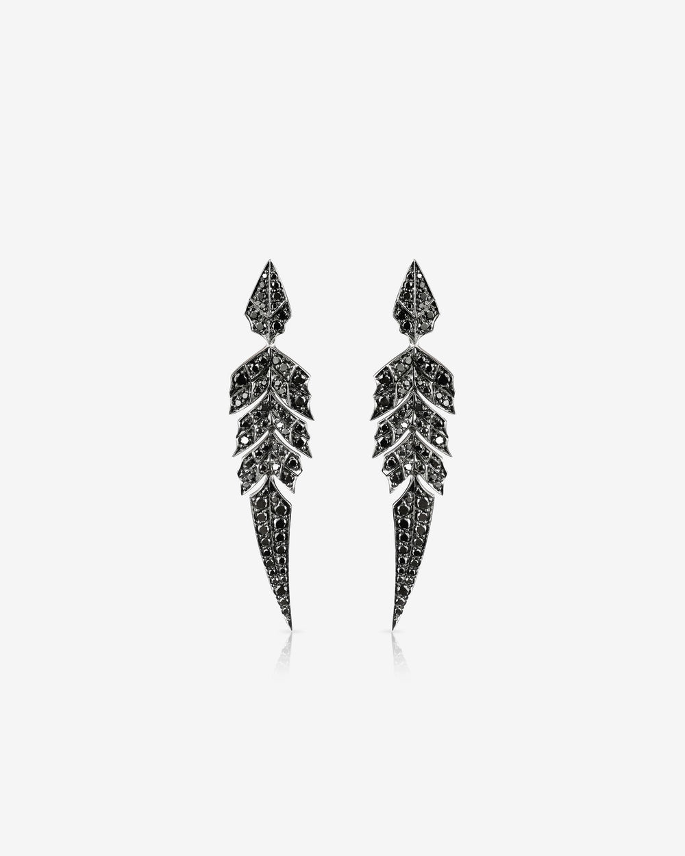 White gold tail feather drop earrings in 18ct white gold with black and white diamond pavé — feather jewellery design