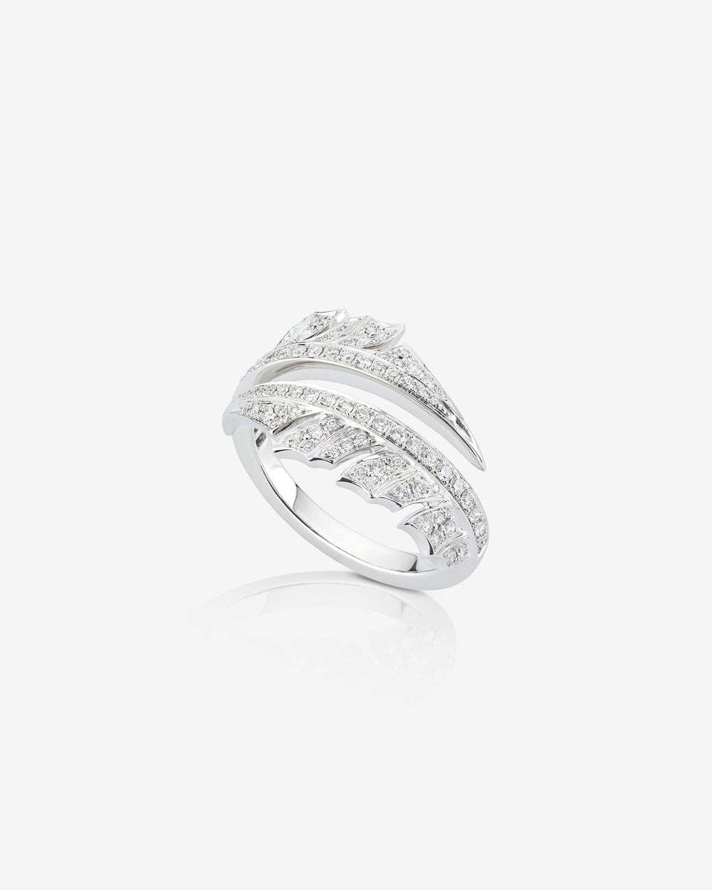 White Gold Plume Split Ring in 18 ct white gold fully set with white diamond pavé, feather-inspired design