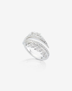 White Gold Plume Split Ring in 18 ct white gold fully set with white diamond pavé, feather-inspired design