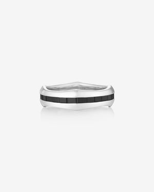 White gold Quadrafoil men’s wedding band with black baguette diamonds