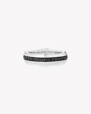 White gold Quadrafoil men’s wedding band with black round diamonds