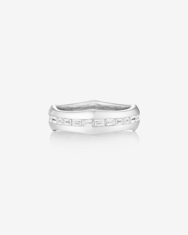White gold Quadrafoil men’s wedding band with white baguette diamonds