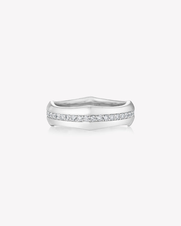 White gold Quadrafoil men’s wedding band with white round diamonds
