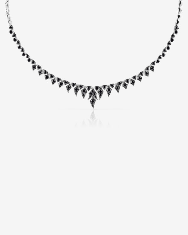 White Gold Tail Feather Collar in 18 ct white gold with black diamond pavé inspired by tail feathers