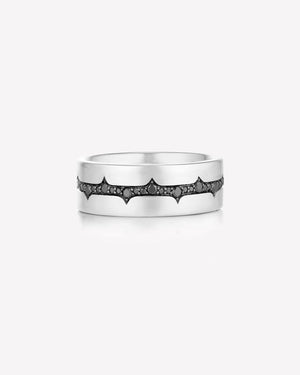 White gold thorn inscription men’s wedding band with black diamonds