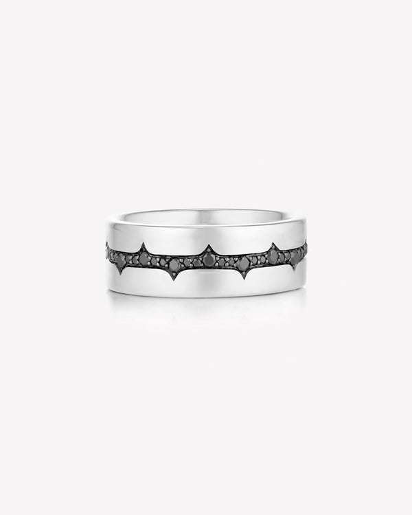 White gold thorn inscription men’s wedding band with black diamonds