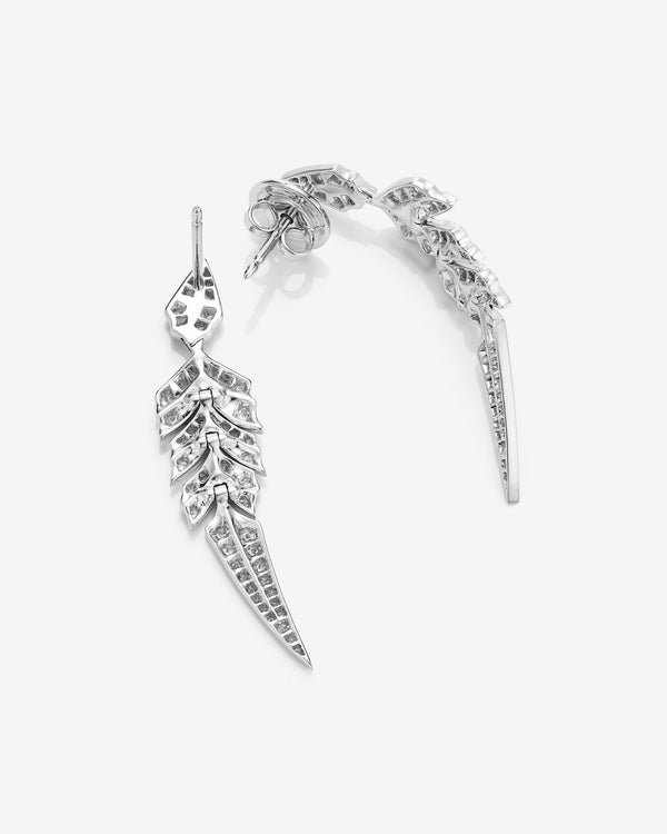 White gold and white diamond tail feather drop earrings in 18ct white gold — luxury feather jewellery with articulated feather motif - back view