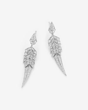 White gold and white diamond tail feather drop earrings in 18ct white gold — luxury feather jewellery with articulated feather motif - detail