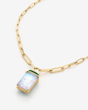 Side view of Crystal Haze and diamonds tablet twister pendant in 18ct yellow gold necklace