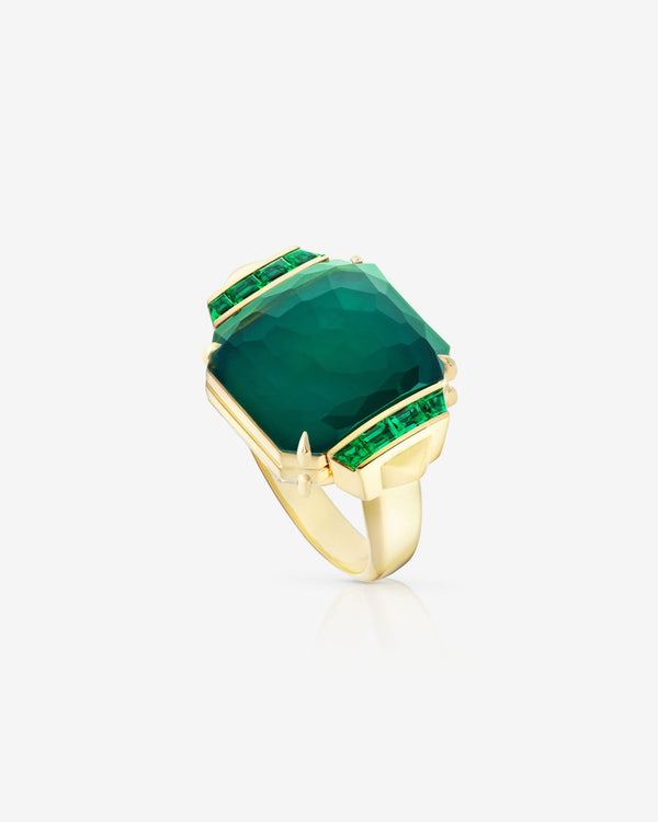 Side view of white opalescent Deco wide twister ring in 18ct yellow gold