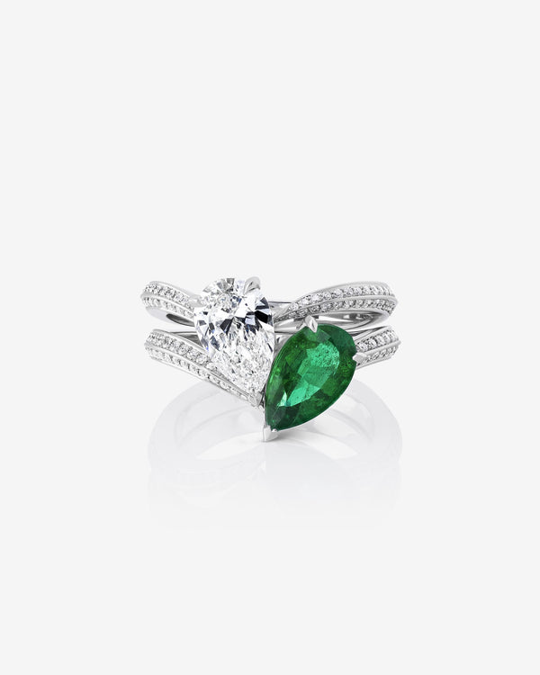 Women’s 18ct white gold duo band engagement ring with pear-shape diamond and emerald