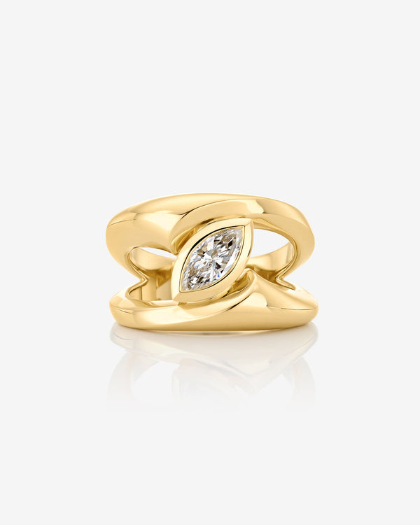 Women’s 18ct yellow gold sculpted solitaire ring with marquise-cut white diamond