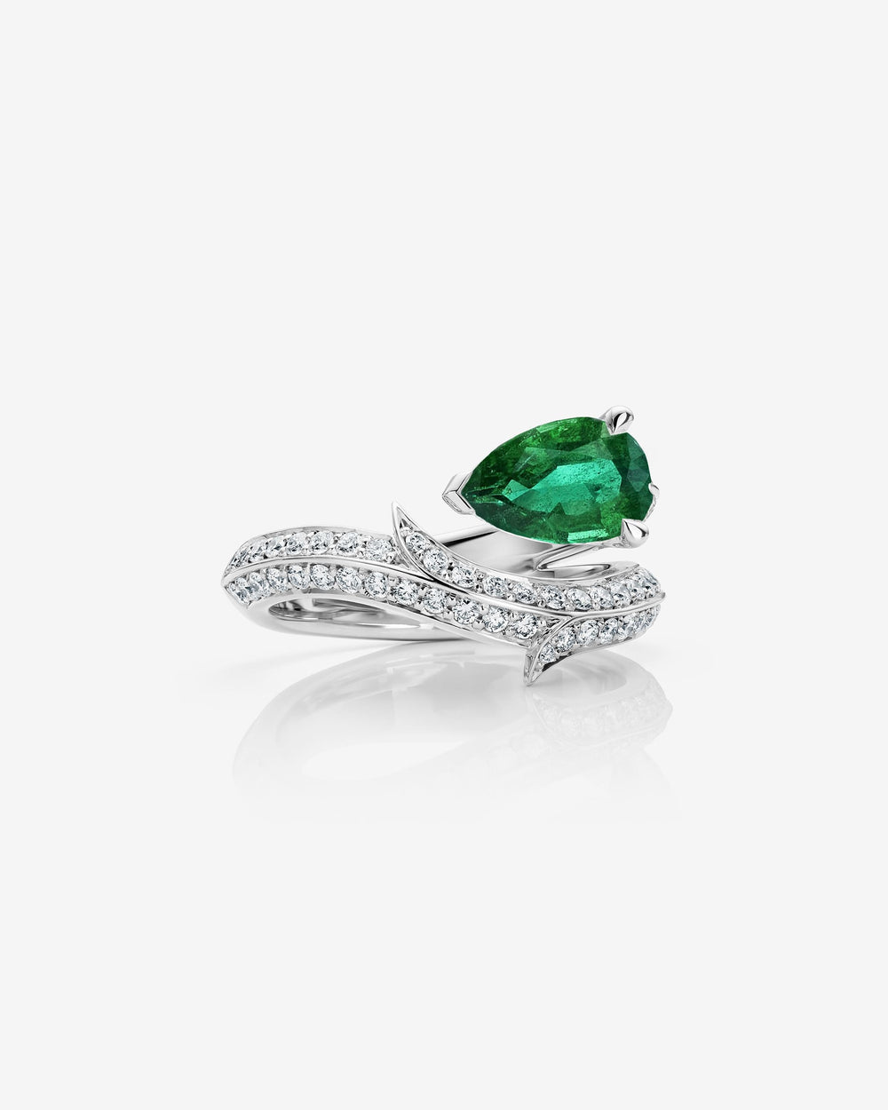 Women’s platinum Thorn Floating Solitaire Pavé engagement ring with pear-cut emerald and pavé diamonds