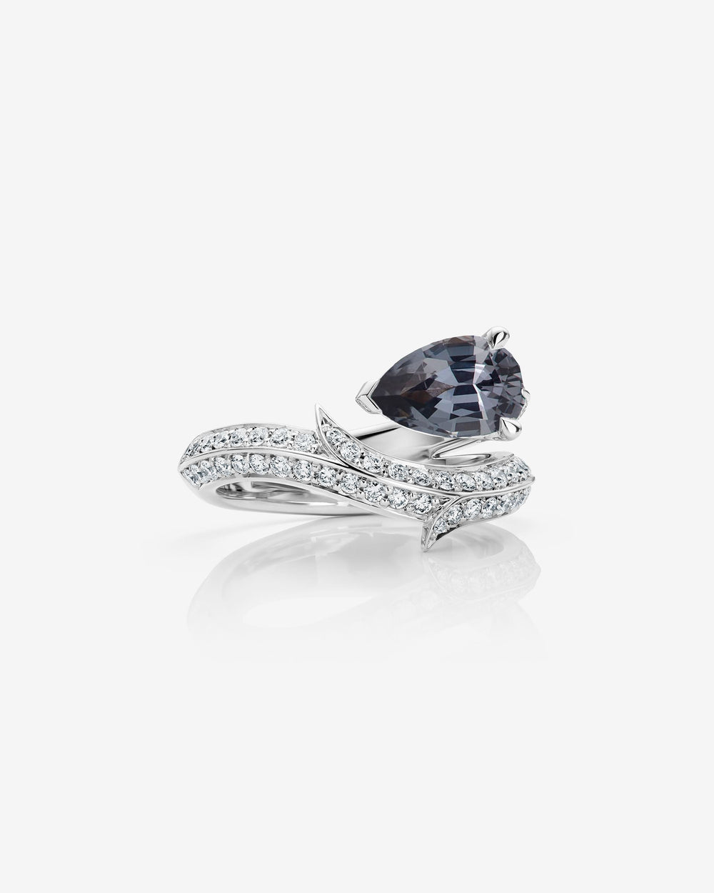 Women’s platinum Thorn Floating Solitaire Pavé engagement ring with pear-cut grey spinel and pavé diamonds