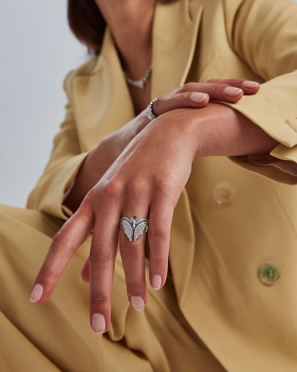 Model wearing 18ct white gold Magnipheasant diamond nesting ring