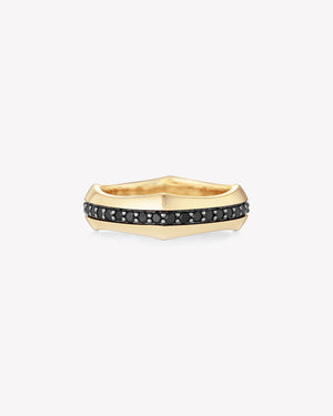 Yellow gold Quadrafoil men’s wedding band with black round diamonds