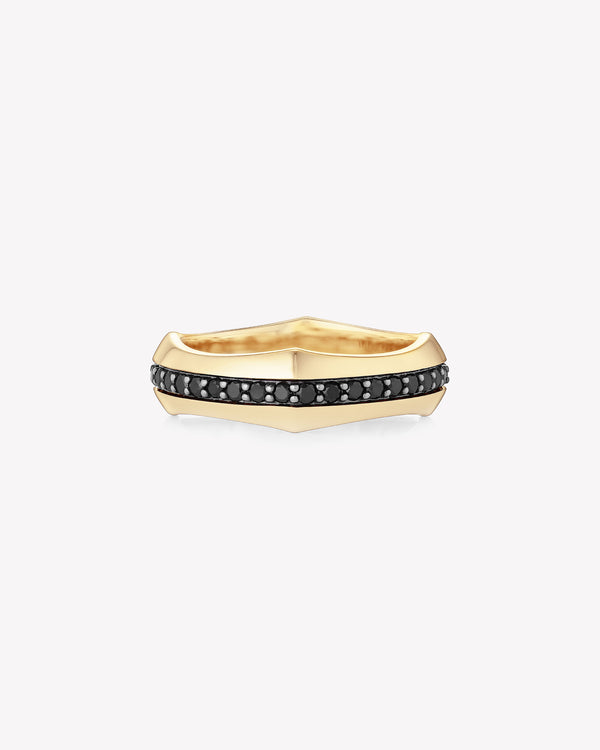 Yellow gold Quadrafoil men’s wedding band with black round diamonds