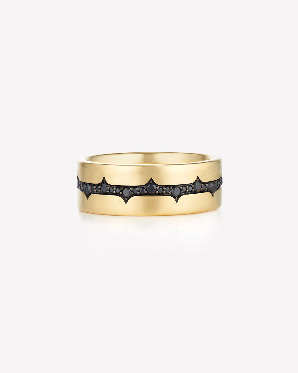 Yellow gold Thorn inscription men’s wedding band with black diamonds