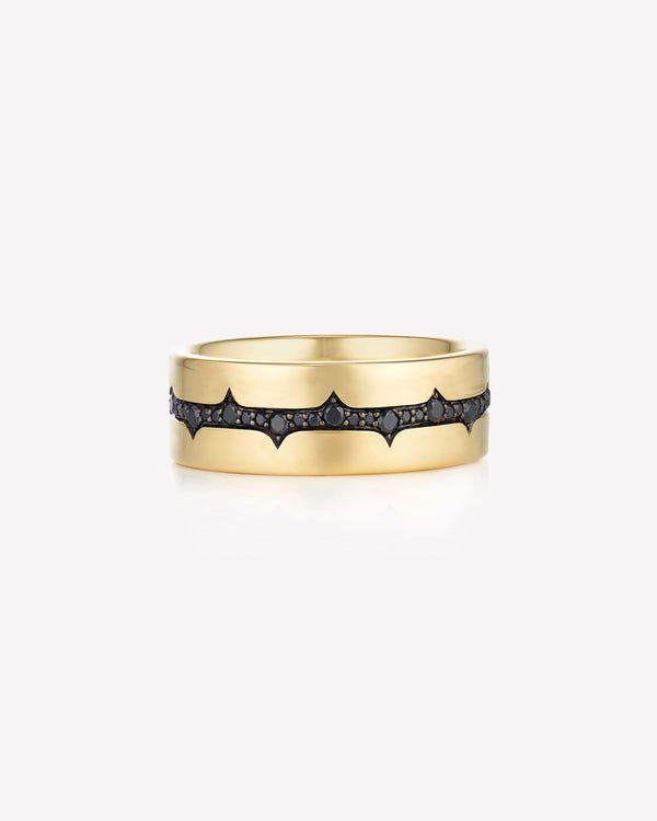 Yellow gold Thorn inscription men’s wedding band with black diamonds