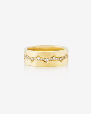 Yellow gold Thorn inscription men’s wedding band with white diamonds