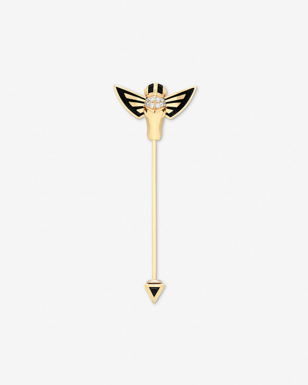 Stephen Webster Jitterbug Horse Fly lapel pin in 18 ct yellow gold with black spinel and white-diamond pavé — front view